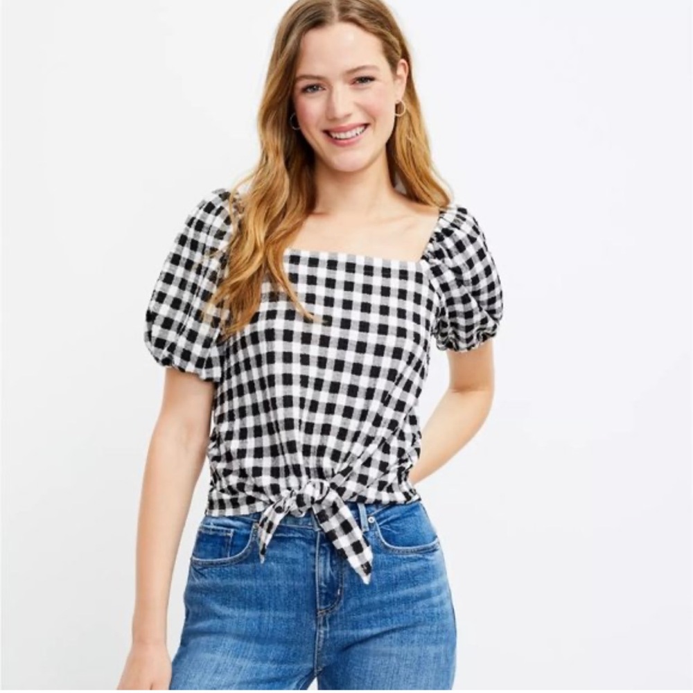 LOFT Black and White Gingham Top small